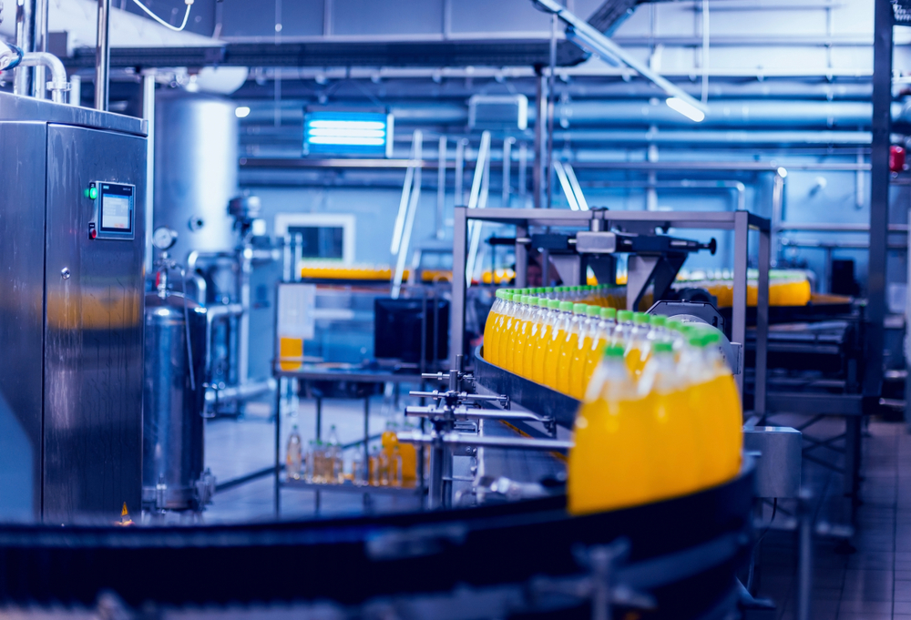 Beverage,Factory,Interior.,Conveyor,With,Bottles,For,Juice,Or,Water.